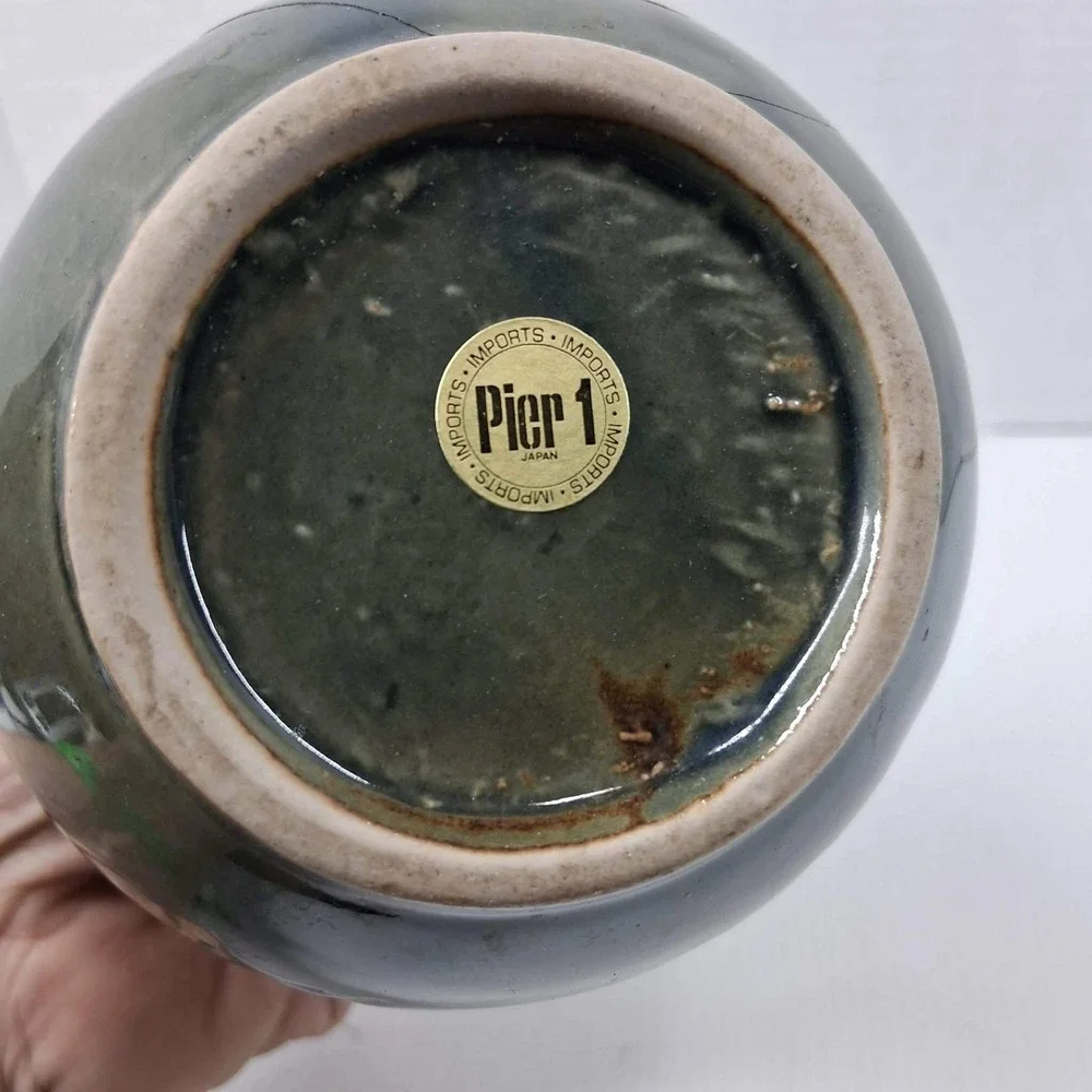 Pier 1 Imports Japanese Ceramic Bud Vase Green Calligraphy Long Neck 8.75in